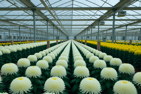 Wide angle view of chrysanthemum rows growing in commercial greenhouse, showing controlled cultivation, floriculture production, useful for agriculture supply marketing