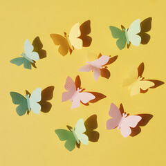 Naklejka premium Playful Colorful Butterfly Cutouts Flat Lay Arrangement/ Creative Colorful Butterfly Decor on Yellow Surface