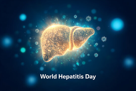 World Hepatitis Day abstract glowing liver with viruses and light particles dark background