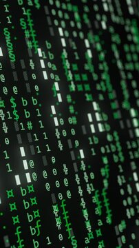 Abstract green binary symbols flowing as computer code, blockchain database and big data matrix. Vertical video.