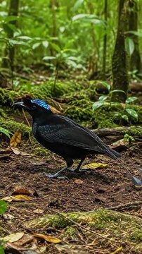 Male Superb Bird-of-Paradise Performing Courtship Display in Rainforest