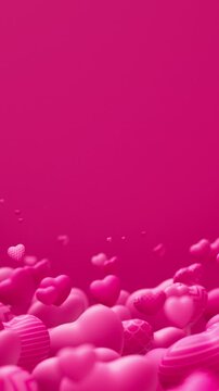 Cloud of violet pulsating hearts on a violet background, Valentine s Day 3D loop animation. Vertical video.