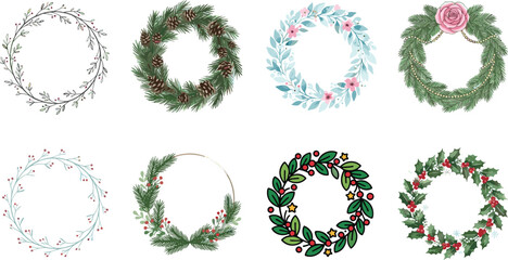 Christmas wreath vector illustration set featuring festive floral leaf branch pine cone and holly berry designs © Shirin