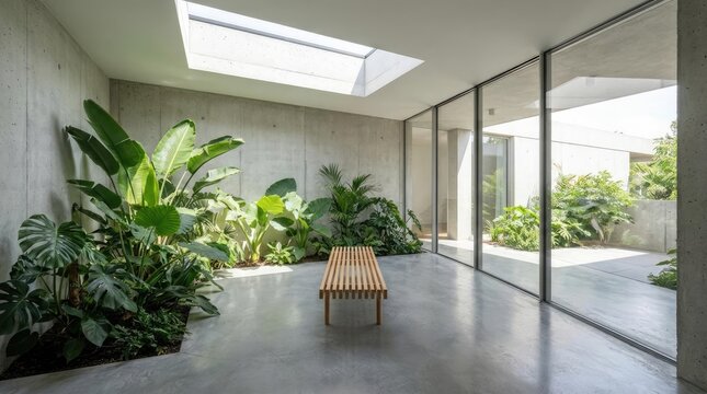 Modern concrete interior with tropical indoor garden.