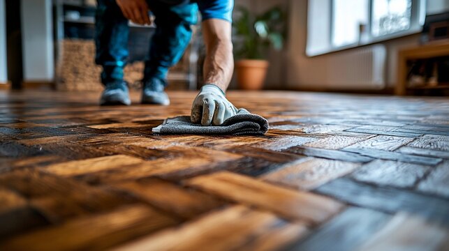 Person cleaning a dark wood floor with a cloth
