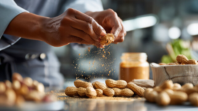 Hands cracking fresh roasted peanuts in shell over a wooden table.
