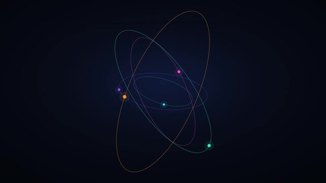 A digital illustration depicts glowing lines and orbs orbiting in space.