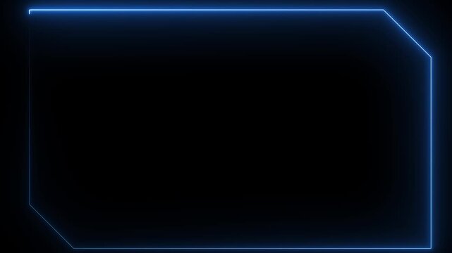 Glowing blue neon geometric frame border animation on black background abstract futuristic. Futuristic blue neon frame with glowing geometric lines. Futuristic digital tech design.