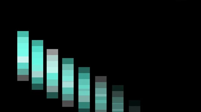 A graph shows decreasing bars in shades of teal on a black background