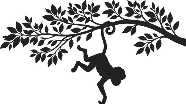 Dynamic silhouette of a playful monkey gracefully swinging from a tropical tree branch, adorned with lush leaves, embodying the vibrant spirit of wildlife and jungle adventure