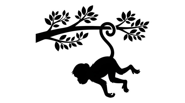 Silhouette of a monkey hanging upside down from a tree branch, with leaves visible against a white background
