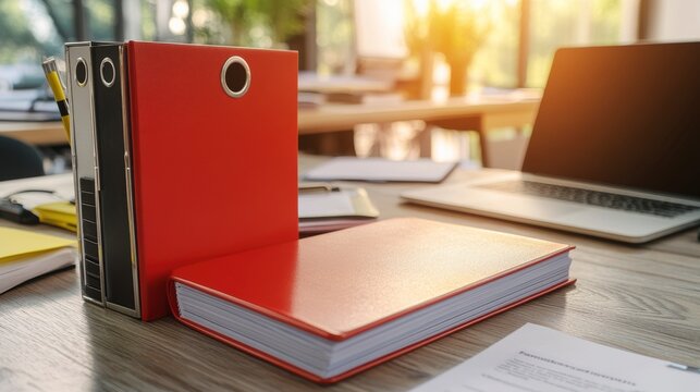Red office folders and laptop on wooden desk.
