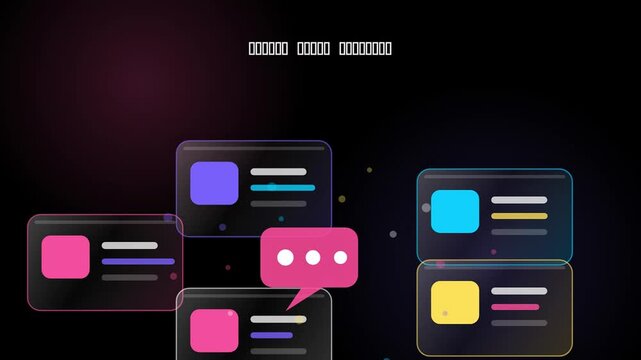 A digital illustration of multiple chat windows with colorful speech bubbles and text on a dark background.