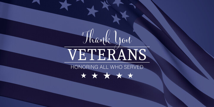 Text "Thank you - Veterans - honoring all who served" on a blue American flag background