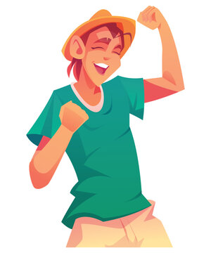Young Man Celebrating with Flexing Arm, Cartoon Illustration