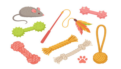 Pet toys and domestic animal accessories vector element set. Chew bones, rope knots, feather wand, toy mouse and paw print decorations. © Creative Studio 