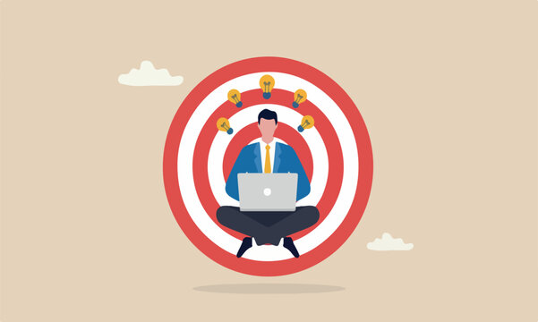 Business guru or, bullseye target consultant, smart thinking to solve problem concept, genius businessman sitting meditate working with computer laptop floating in the air