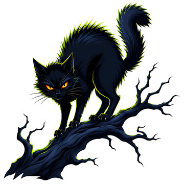 Angry black cat with glowing eyes arched back on dead branch.