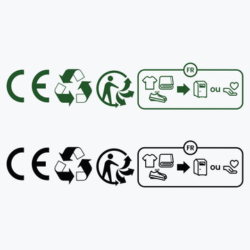 Product packaging compliance icon set with CE marking recycling symbol and triman sorting instructions