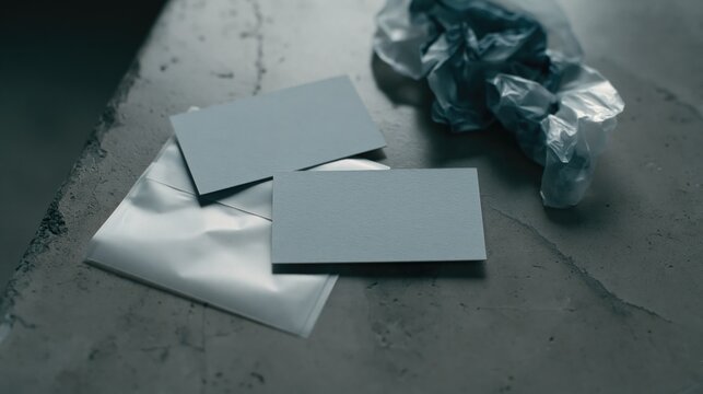 Blank business cards resting on a textured concrete surface near a crumpled plastic bag with soft moody cinematic lighting overhead