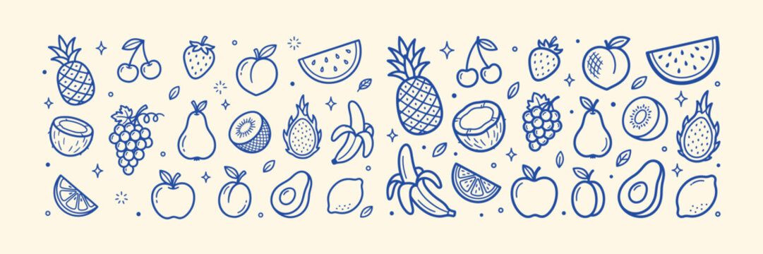 Hand drawn fresh fruit doodle set. Sketch tropical organic fruits, apple, banana, pineapple and berries outline vector illustration.