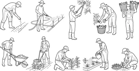 Obraz premium Professional Farming and Gardening Workers Line Art Icon Set for Agriculture and Harvest Activities