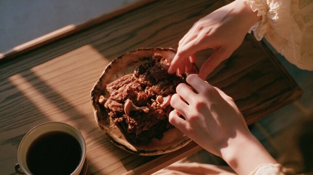 Hands of a person reaching for a rustic plate of braised dark meat served alongside a cup of coffee