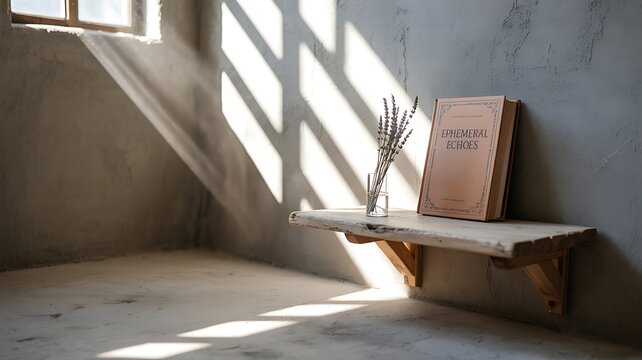 Rustic interior with sunlight streaming across a concrete wall next to a wooden shelf featuring a book titled ephemeral echoes and lavender.