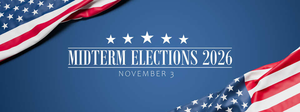 The wrinkled flag of the USA draped onto a blue surface and the text "Midterm Elections 2026 - November 3". Web banner