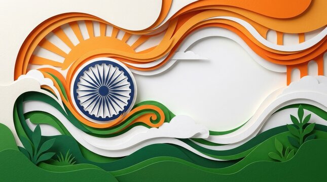 Independence day background with indian flag colors paper cut art style