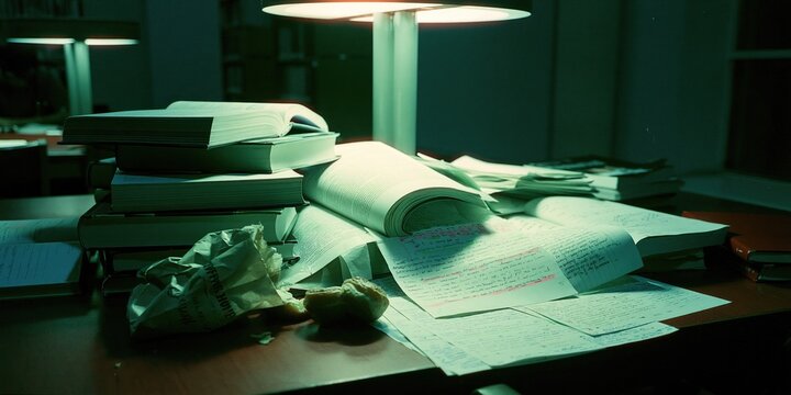 Stack of academic textbooks and handwritten research notes illuminated by a bright desk lamp in a dark silent library room