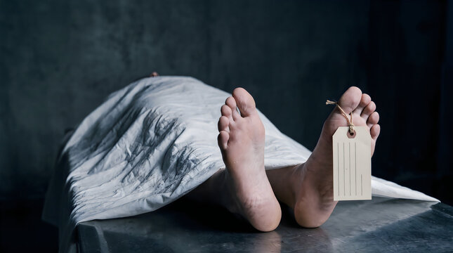 Dead Body with Toe Tag in Morgue Covered by White Sheet