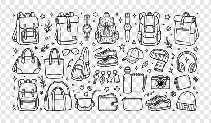 Fototapeta premium Travel icons, backpacks, luggage, and accessories, line art style, 30 elements, vector illustrations