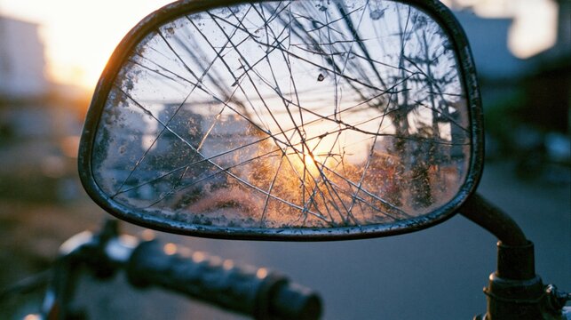 Cracked motorcycle rearview mirror reflecting a beautiful golden sunset with intricate spiderweb patterns of damage in soft natural outdoor light