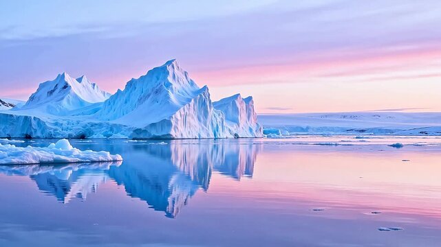 Icebergs in calm water at sunset