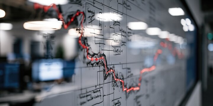Complex financial trend chart drawn with red marker on a glass board inside a modern professional corporate office environment setting