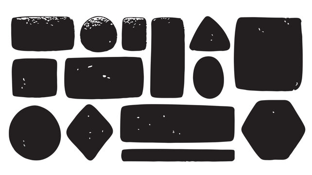Vintage distressed black shapes collection, 13 textured geometric vector elements, rustic hand-drawn ink silhouettes for logo design and branding