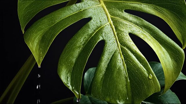 Close-up of a vibrant green Monstera leaf with water droplets, isolated on a dark background