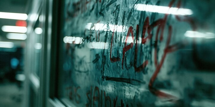 Red marker scribbles on a transparent glass office partition create a moody cinematic atmosphere with soft glowing artificial background lighting