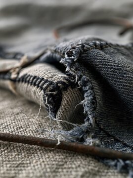Detailed macro view of distressed blue denim fabric featuring frayed edges and thick black stitching on a rustic textured surface