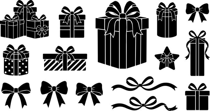 Christmas Gift Box and Ribbon Silhouette Set &ndash; Holiday Present, Bow, Festive Package Icons
