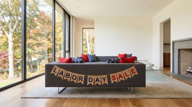 Modern living room with Labor Day Sale banner.