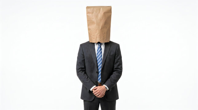 Businessman with a Paper Bag Over His Head on White Background