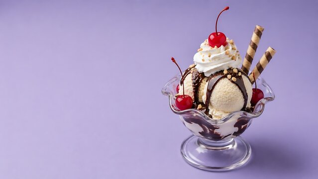 Delicious ice cream sundae with whipped cream and cherries