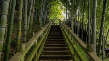 Fototapeta premium Mossy staircase in a serene bamboo forest with natural light