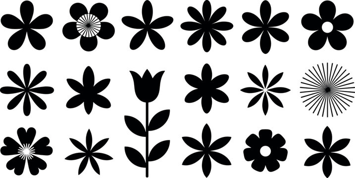 Minimalist black flower icon collection featuring blooming floral silhouettes, tulip shapes, botanical symbols, decorative vector set for logos and design