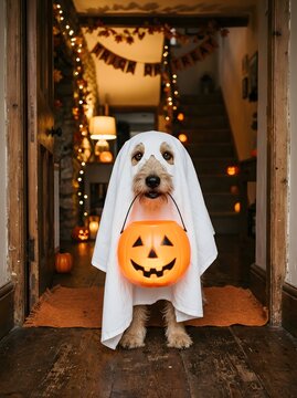 A cute scruffy dog dressed in a simple white sheet ghost costume holds an orange plastic pumpkin bucket while standing in a doorway