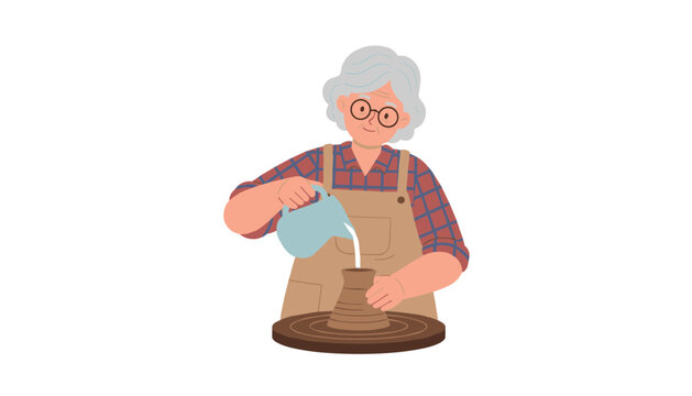 Senior woman with gray hair wearing glasses and a plaid shirt works on a pottery wheel while pouring liquid into the clay vessel.