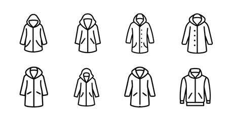 Winter outerwear and clothing line icons set with hooded parka, button overcoat, waterproof rain jacket & more vector illustration with editable stroke. © Purnorup Dream IT 