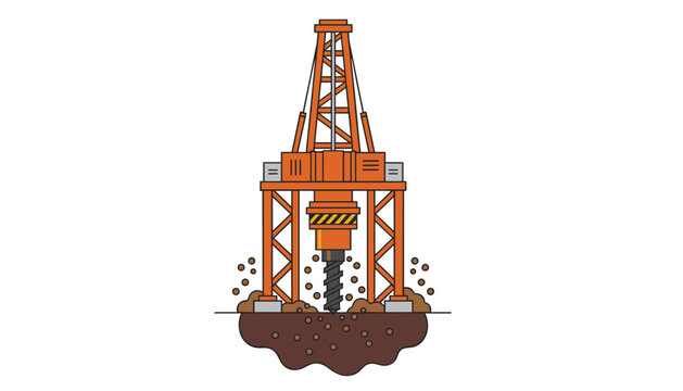 Orange industrial drilling unit is boring into brown soil with scattered debris illustrated in a clear flat graphical style on white background.